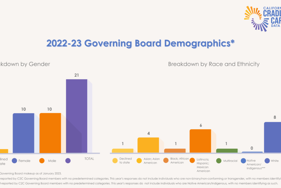Graph showing the 2022-2023 Governing Board Demographics, comparing breakdown by Gender to Breakdown by Race & Ethnicity.