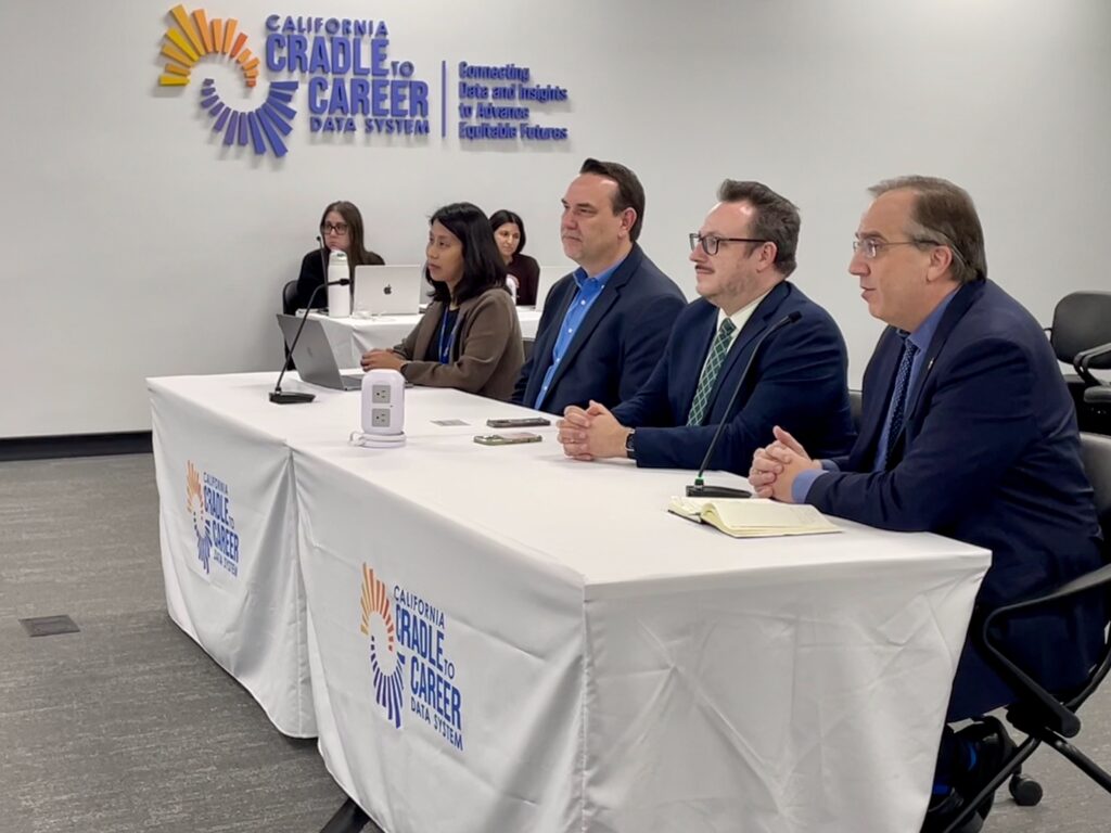 C2C’s Deputy Director of Data Programs, Judy Chan (left), Jory Hadesell (center left), David O'Brien (center right), and John Hetts (right) from the California Community Colleges Chancellor's Office (CCCCO) speak to the Cradle-to-Career Governing Board.