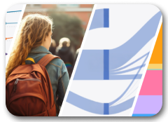 Image of college student with back turned, backpack visible. A portion of the sankey and other C2C data visualization is visible.