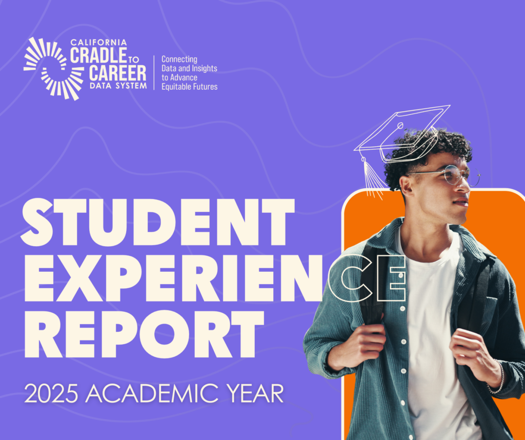 Purple graphic with the Cradle-to-Career Logo and a photo of a student who has an animated graduation cap on his head. The graphic reads "Student Experience Report 2025 Academic Year.