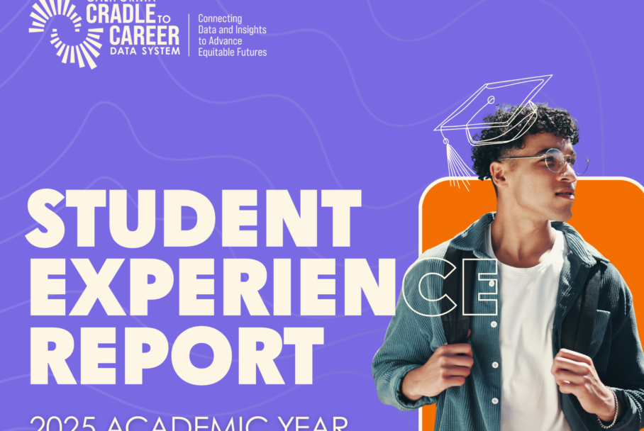Magenta image with text "Student Experience Report, 2025 Academic Year." Graphic includes a photo of a student with a hand drawn graduation cap on his head.