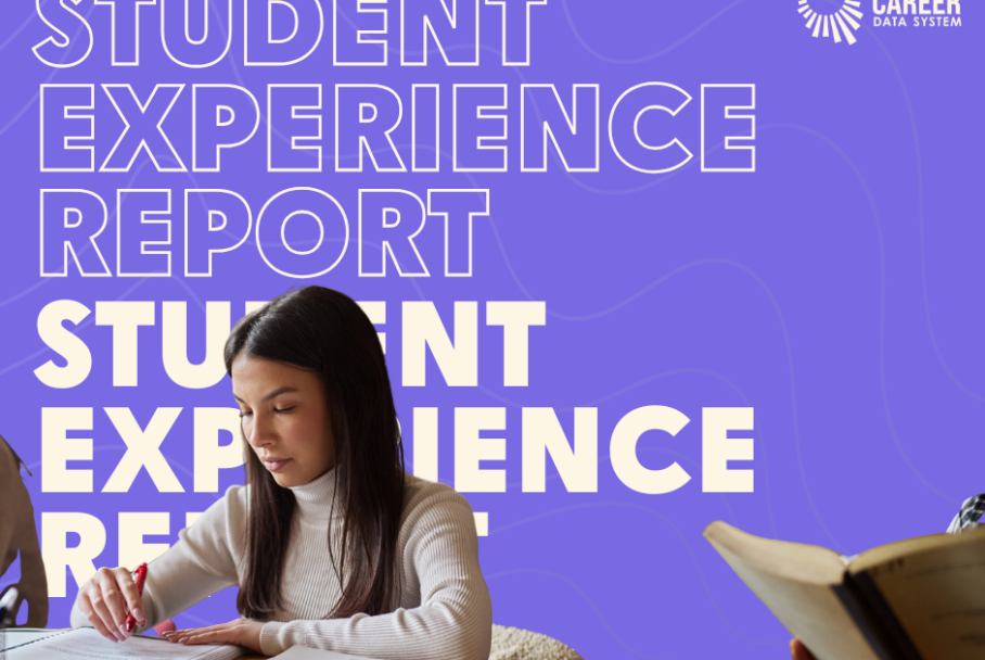 Magenta graphic image with text: "Student Experience Report." The graphic includes an image of a student studying in library.