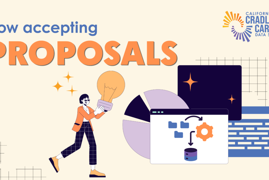 Graphic image with text “Now accepting proposals.” Design elements include illustrations of a pie chart, website screen with image depicting data ingestion process, a screen with blocked out text, and an animated individual carrying a large light bulb to depict an idea.