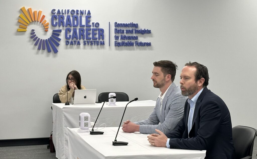 Photo of Jeffery Marino, Director of ODI and Andrew King, Deputy Director of Data Operations Strategy, presenting to the Cradle-to-Career Governing Board at the May 20th meeting.